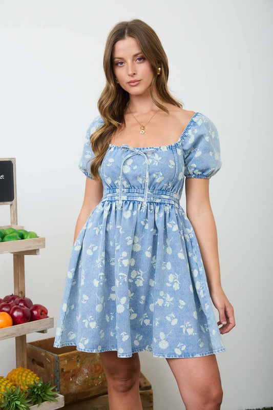 Abby Washed Denim Floral Puff Sleeve Mini Dress