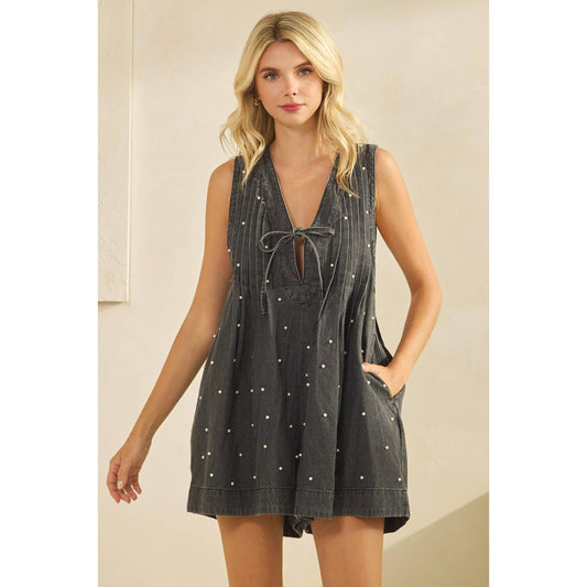 Black Washed Pleated Pearl Denim Western Romper