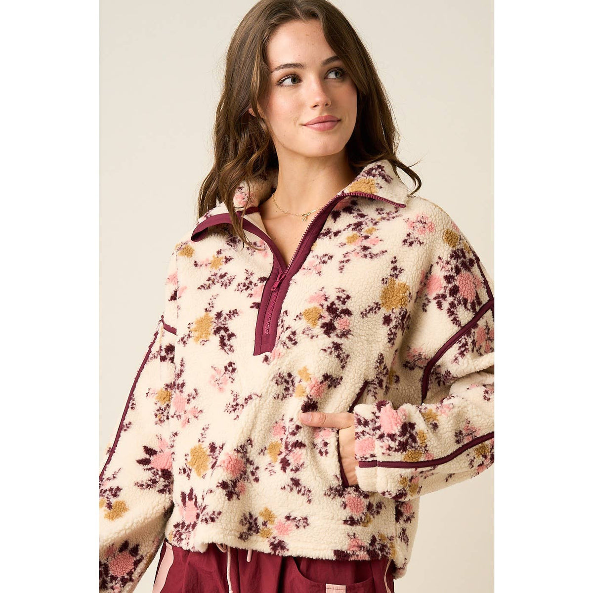 Floral Half-Zip Contrast Fleece Pullover