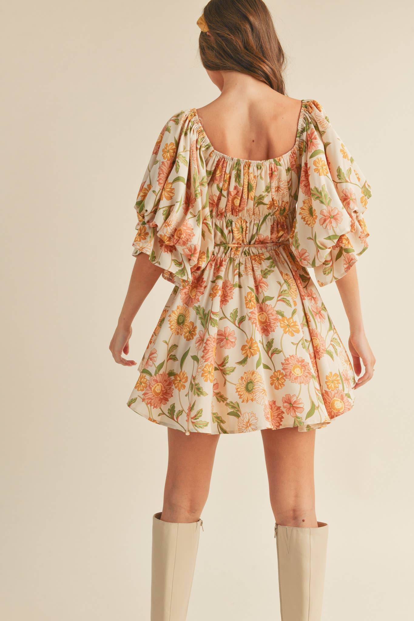 Eleighny Exclusive Satin Vintage Floral Bubble Sleeve Mini Dress