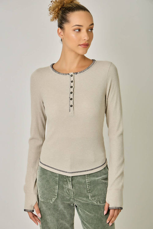 Betty White Blanket Stitched Henley Top
