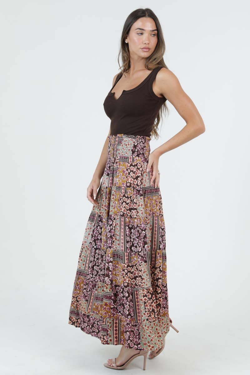 Tiered Bonnie Floral Patchwork Skirt w/Smocked Waistband