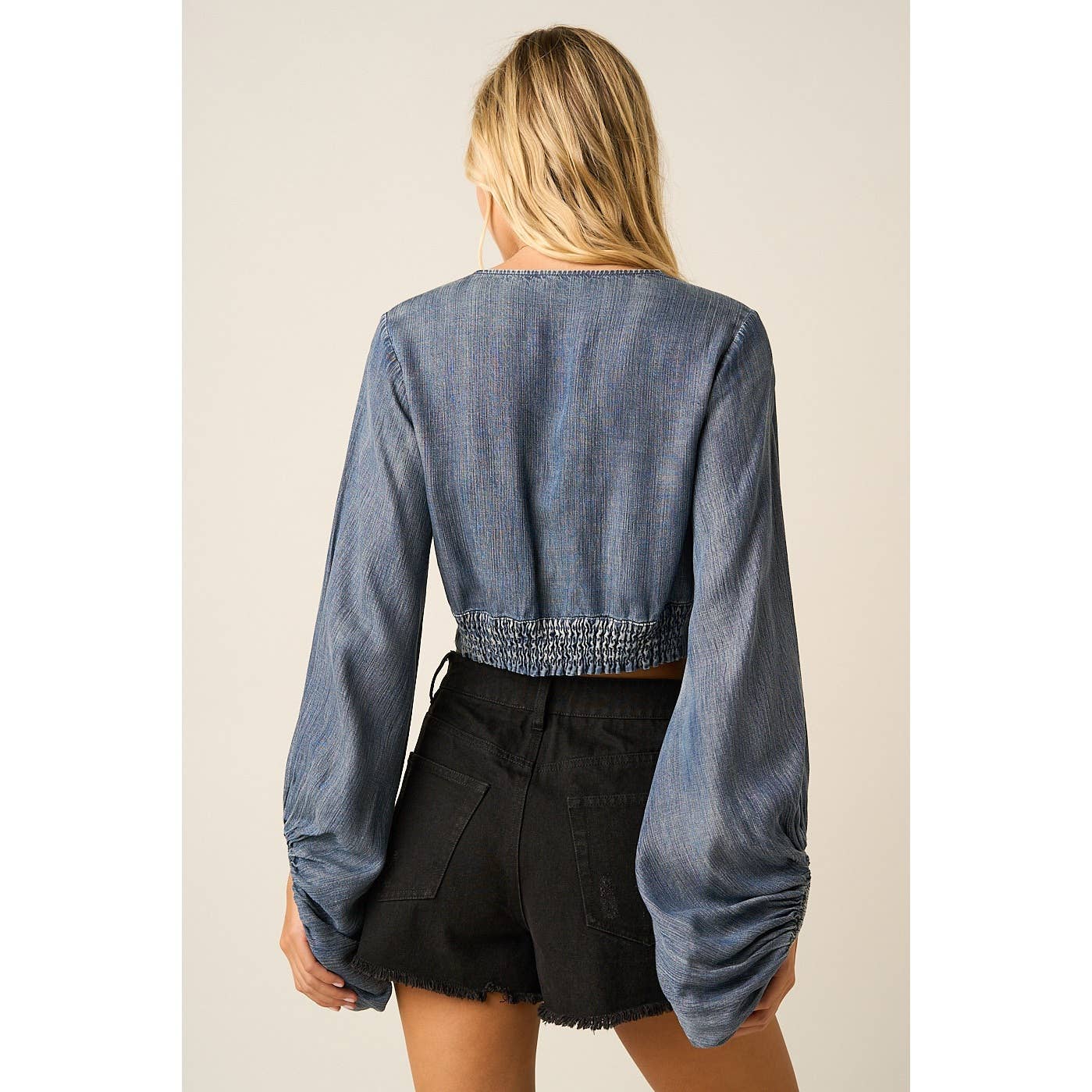 Ava Washed Chambray Vintage Button Balloon Sleeve Crop