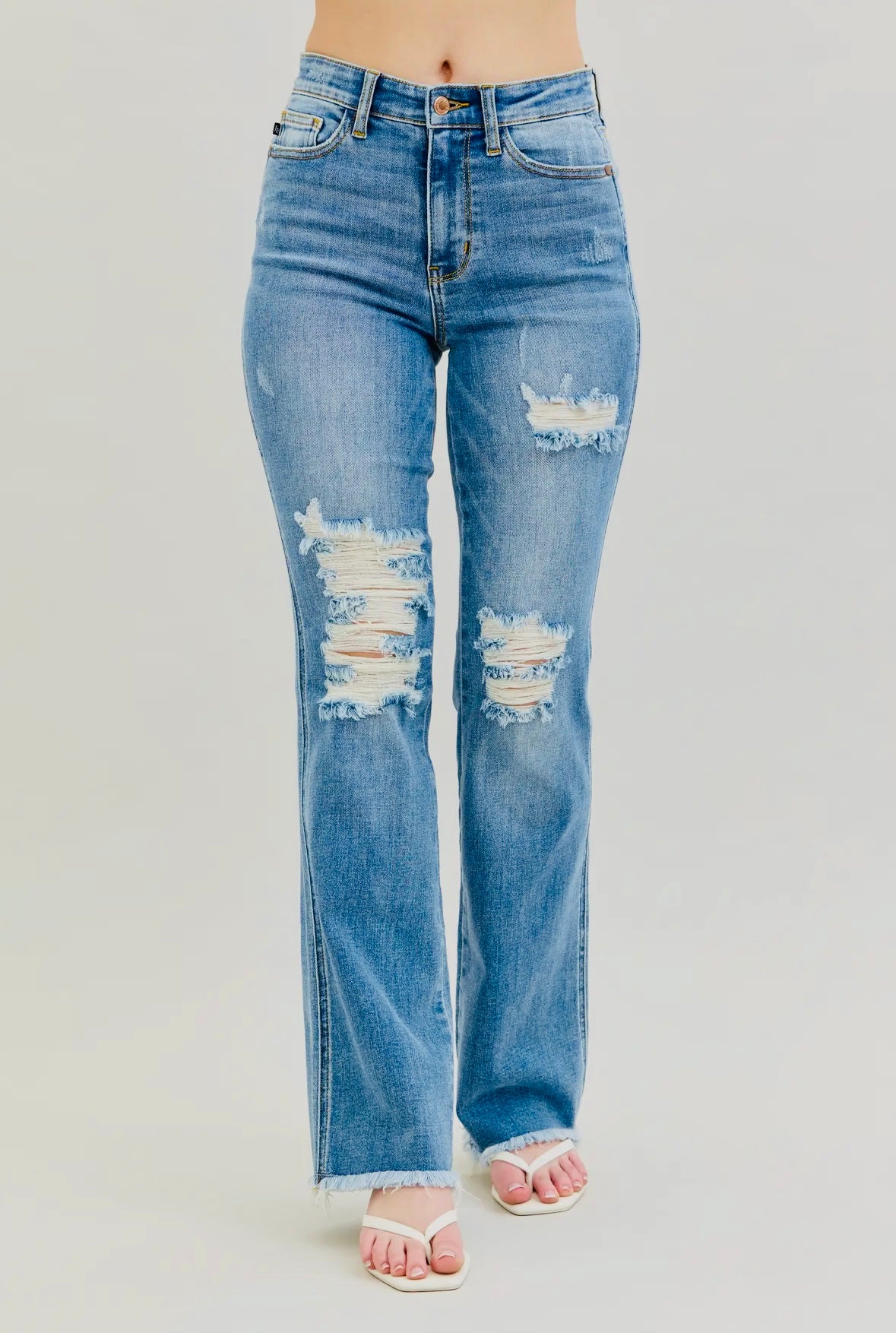 Judy Blue High Waist Distressed + Frayed Hem Bootcut Denim - RTS
