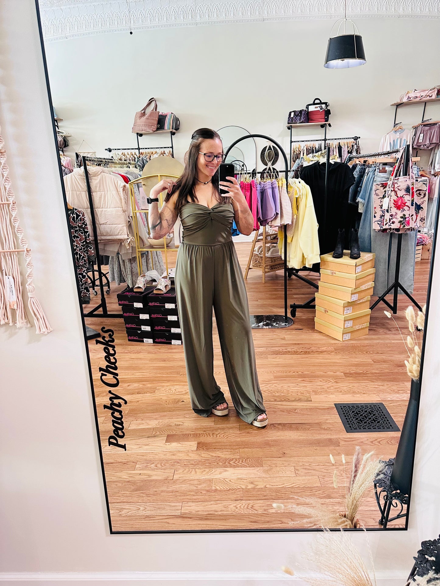 Sayonara Strapless Twist Front Wide Leg Jumpsuit - Olive
