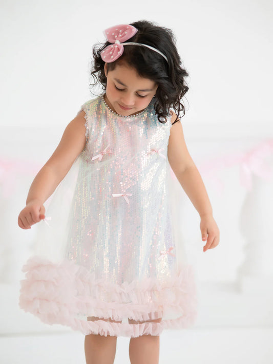 Iridescent Sequin Bow Ruffle Tulle Dress