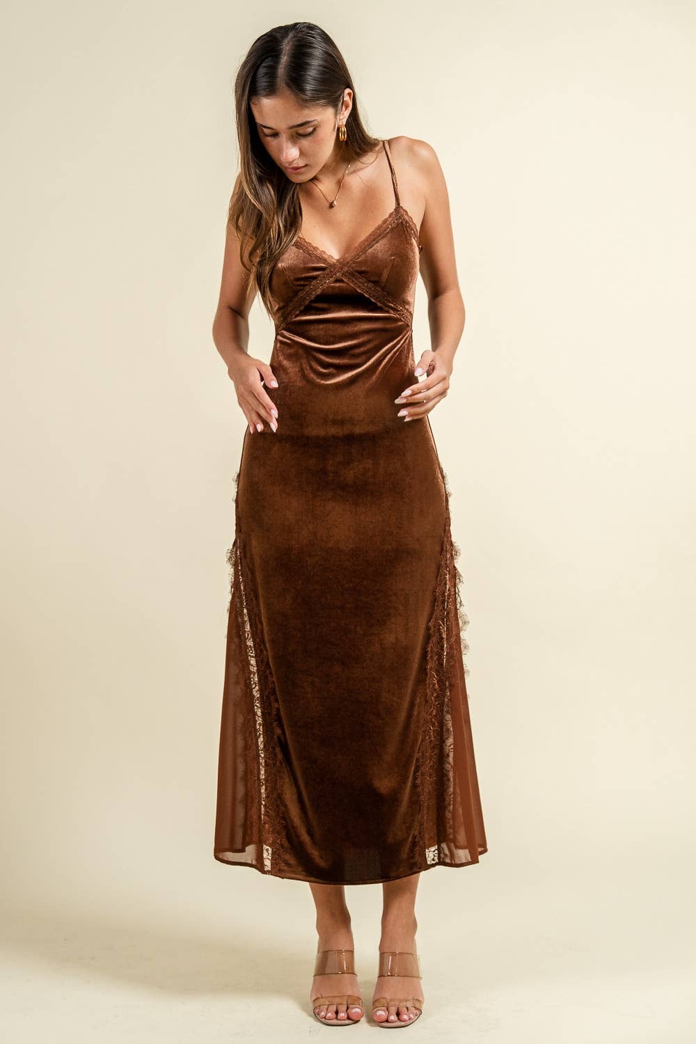 Mocha Velvet Lace Detail Maxi Dress