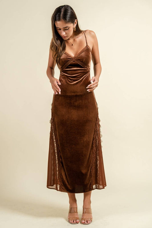 Mocha Velvet Lace Detail Maxi Dress