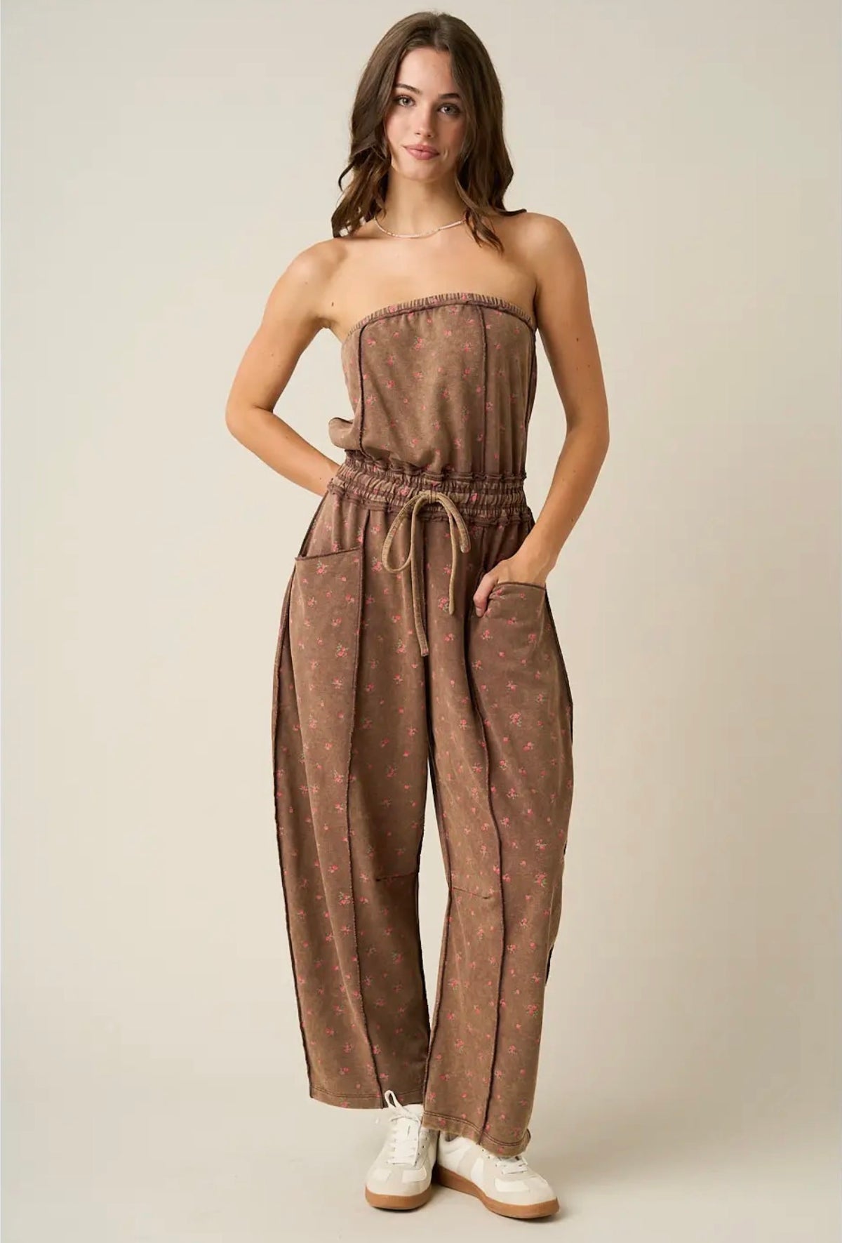Mocha Floral Mineral Wash Contrast Stitch Barrel Leg Jumpsuit