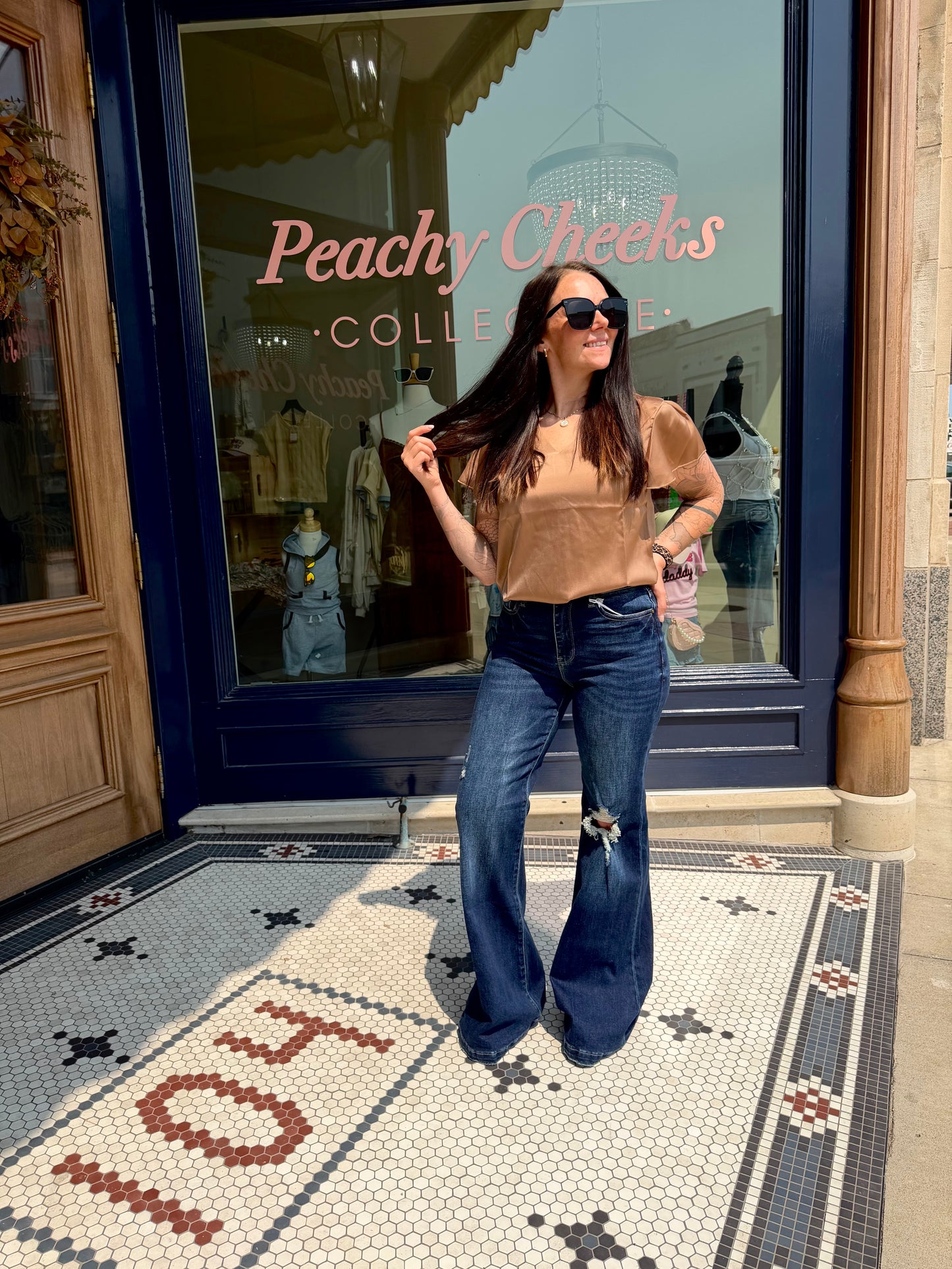 V-Neck Satin Blouse Flutter Sleeve Top