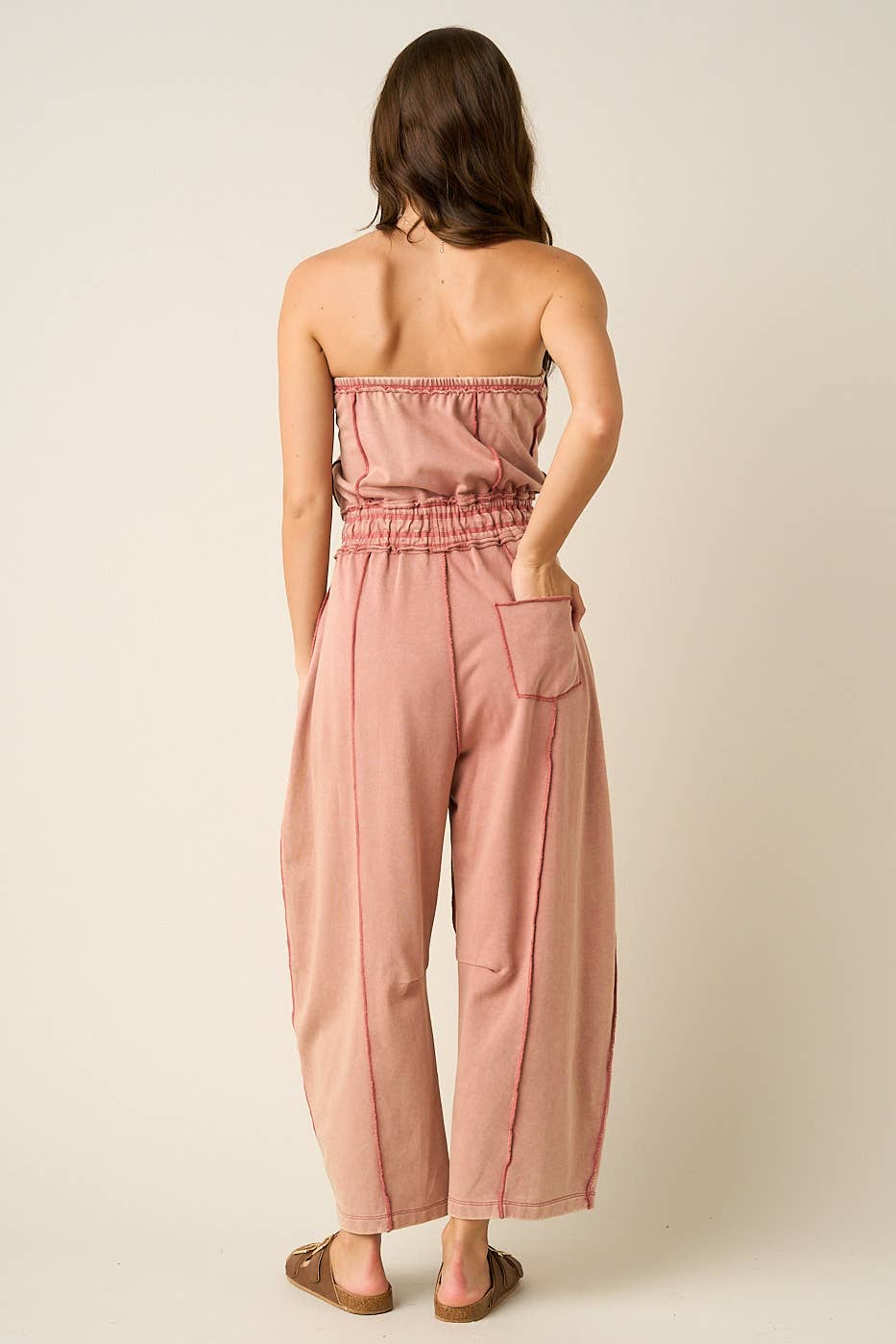 Weathered Brick Mineral Wash Strapless Barrel Jumpsuit