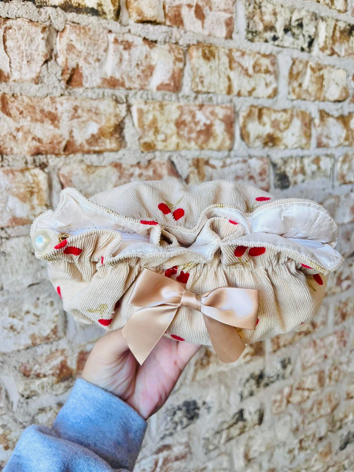 Vintage Cherry Scrunch Makeup Bag RTS