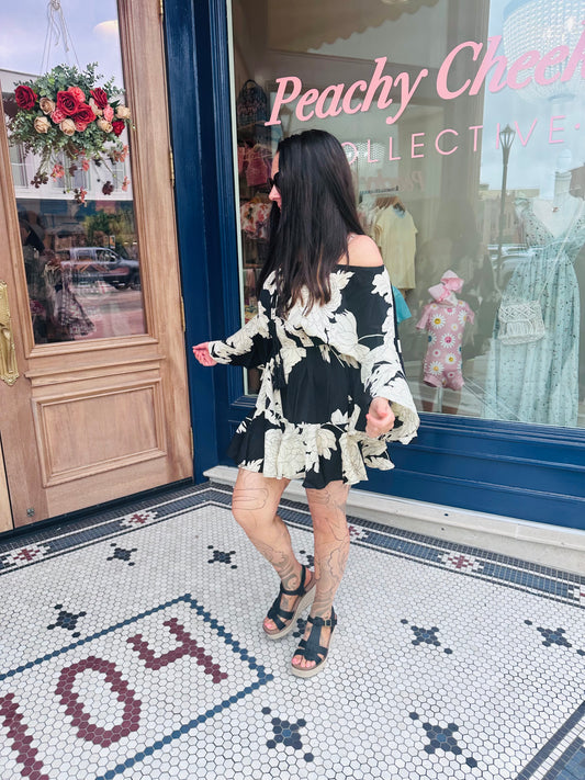 Black Beachy Floral Off The Shoulder Bell Sleeve Romper