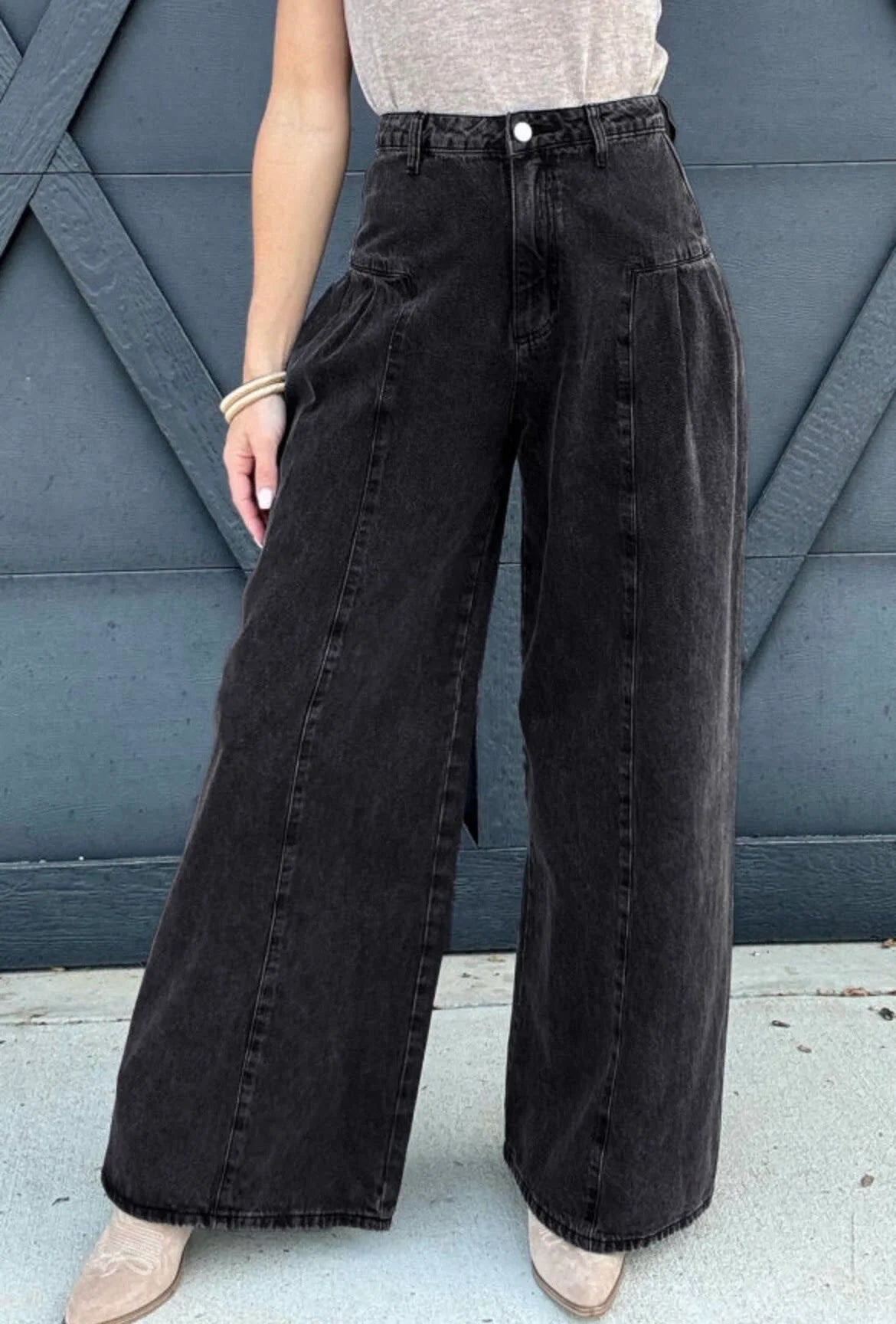 I Mean Business, Pleated Black Wide Leg Denim RTS