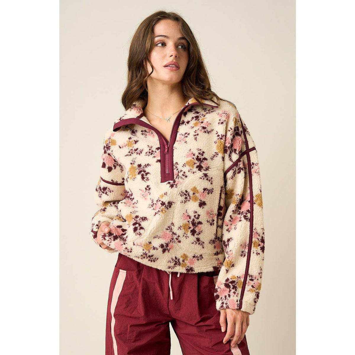 Floral Half-Zip Contrast Fleece Pullover