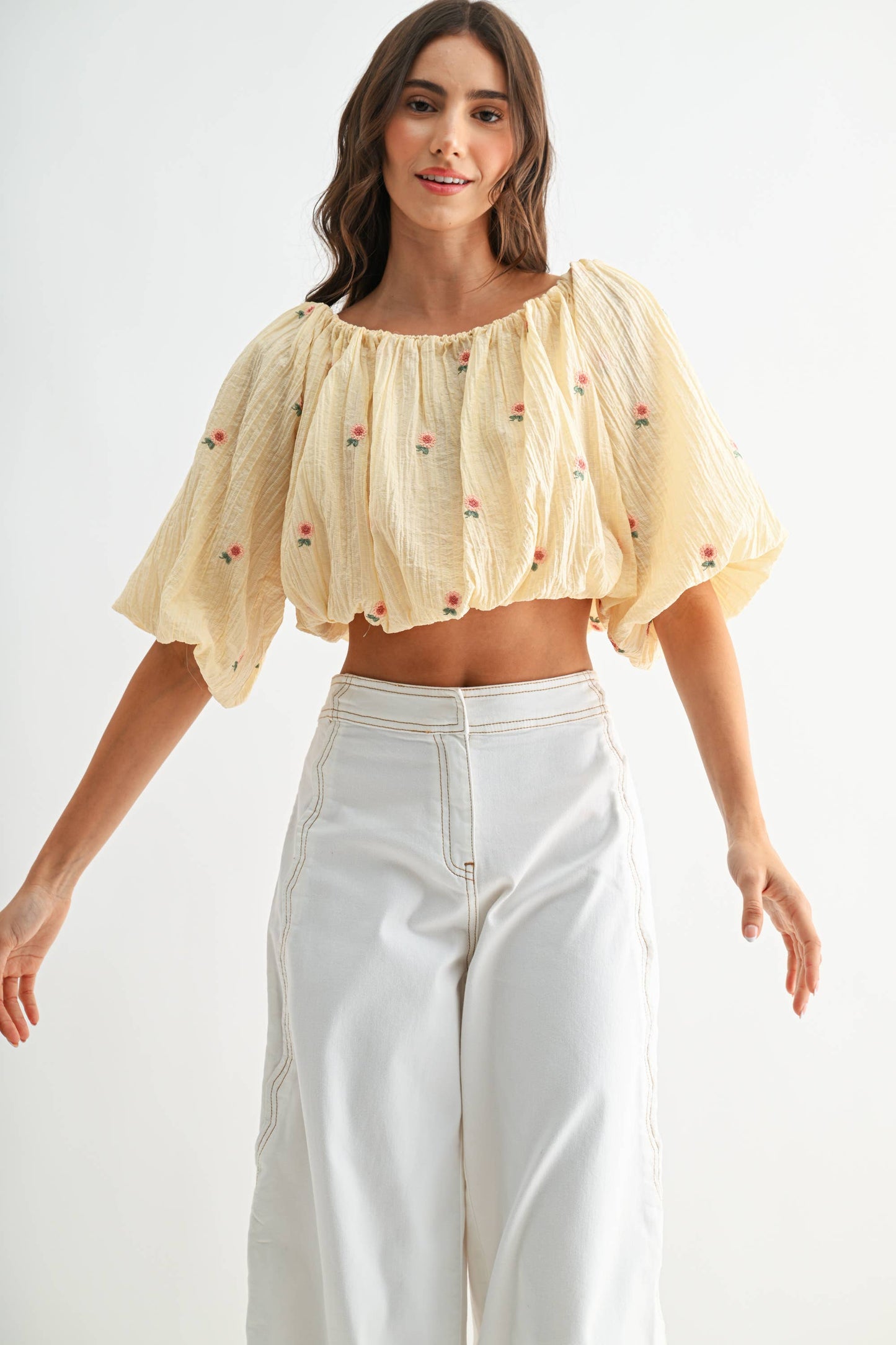 Off-The-Shoulder Lemonade Floral Embroidered Top