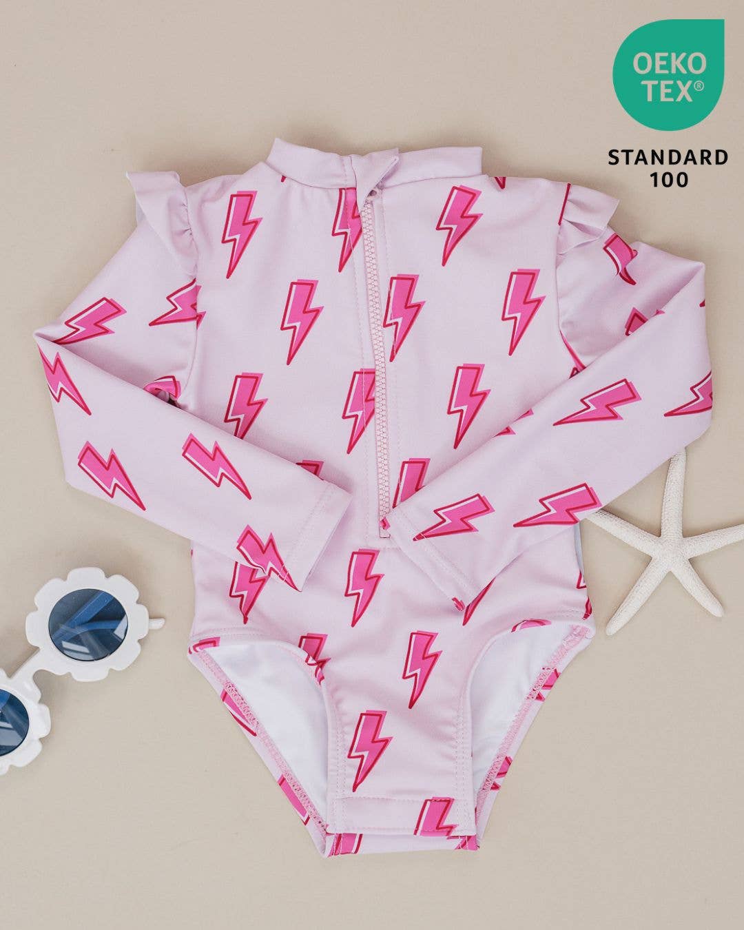 Pink Bolts Long Sleeve Rash Guard Swimmie