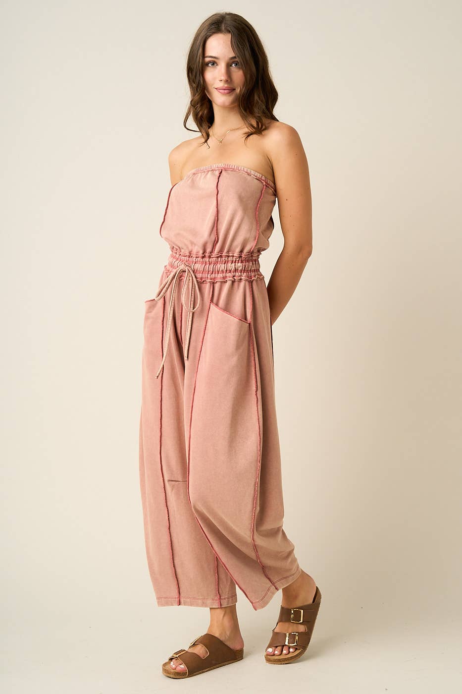 Weathered Brick Mineral Wash Strapless Barrel Jumpsuit