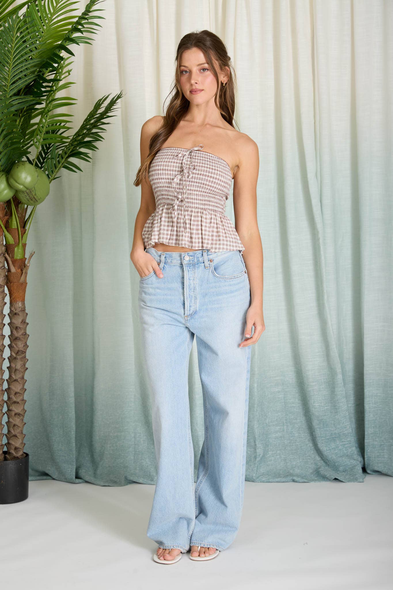 Plaid Strapless Front Tie Peplum