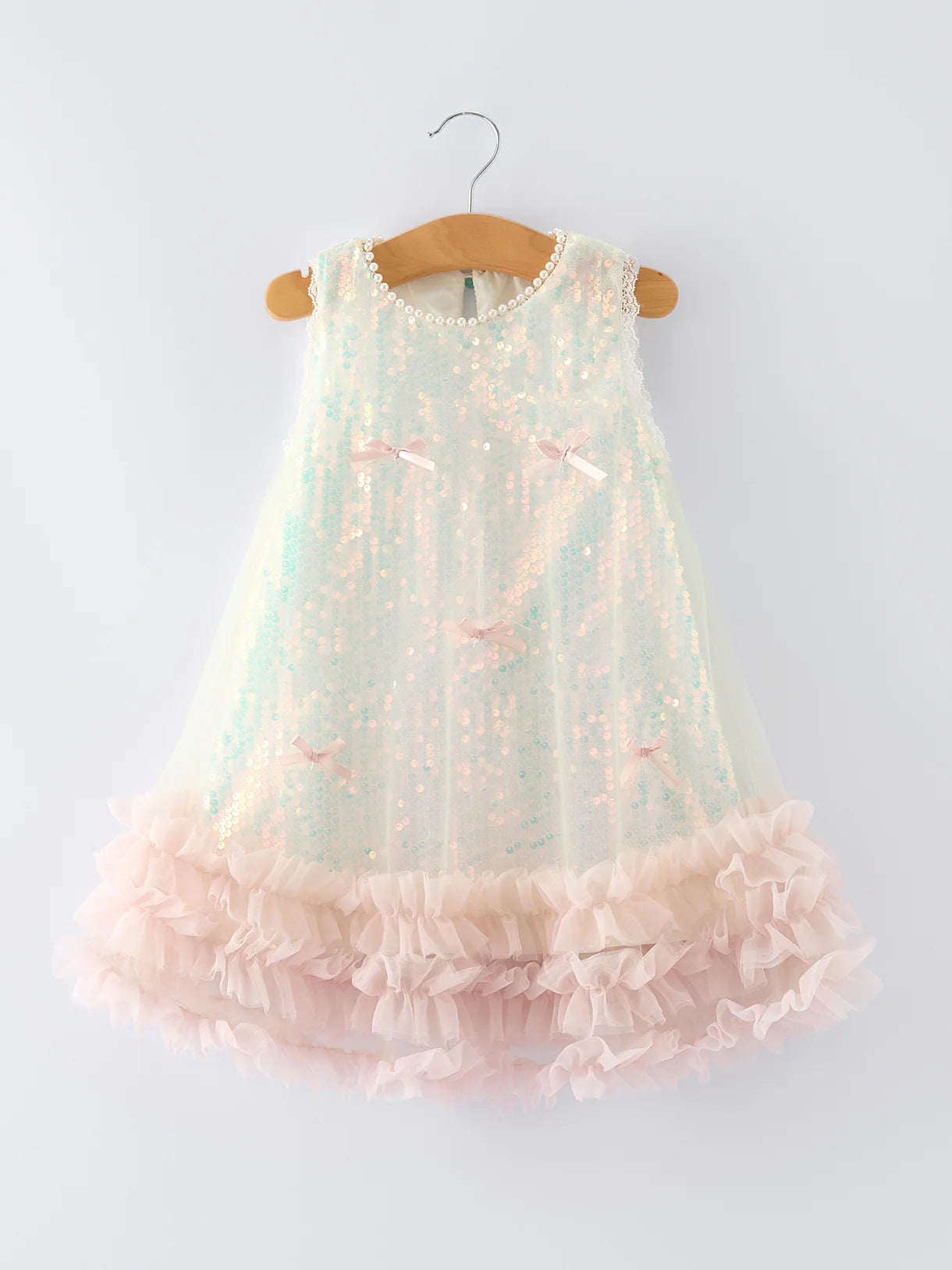 Iridescent Sequin Bow Ruffle Tulle Dress