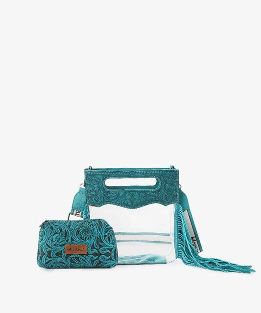 Montana Tooled Leather Clear Stadium Crossbody + Wallet - Turquiose