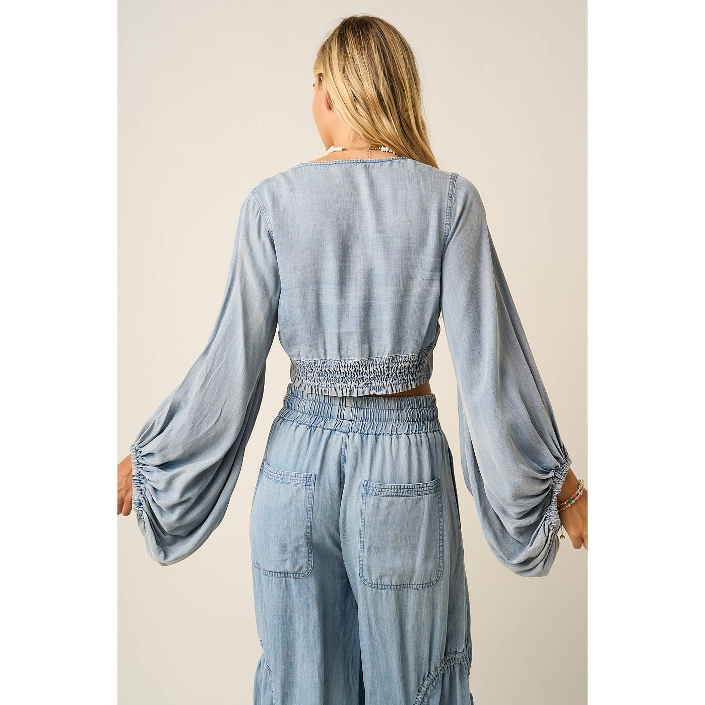 Ava Washed Chambray Vintage Button Balloon Sleeve Crop