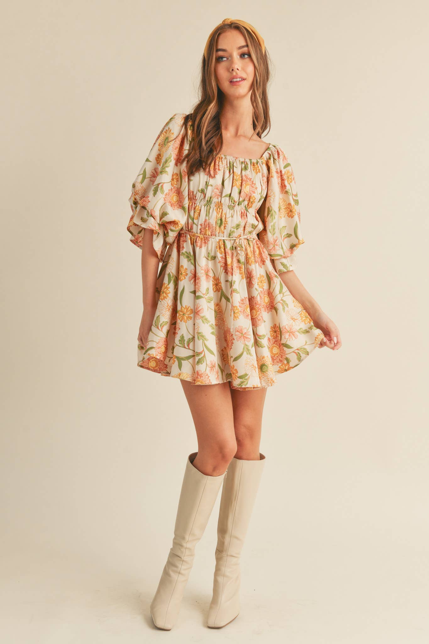 Eleighny Exclusive Satin Vintage Floral Bubble Sleeve Mini Dress