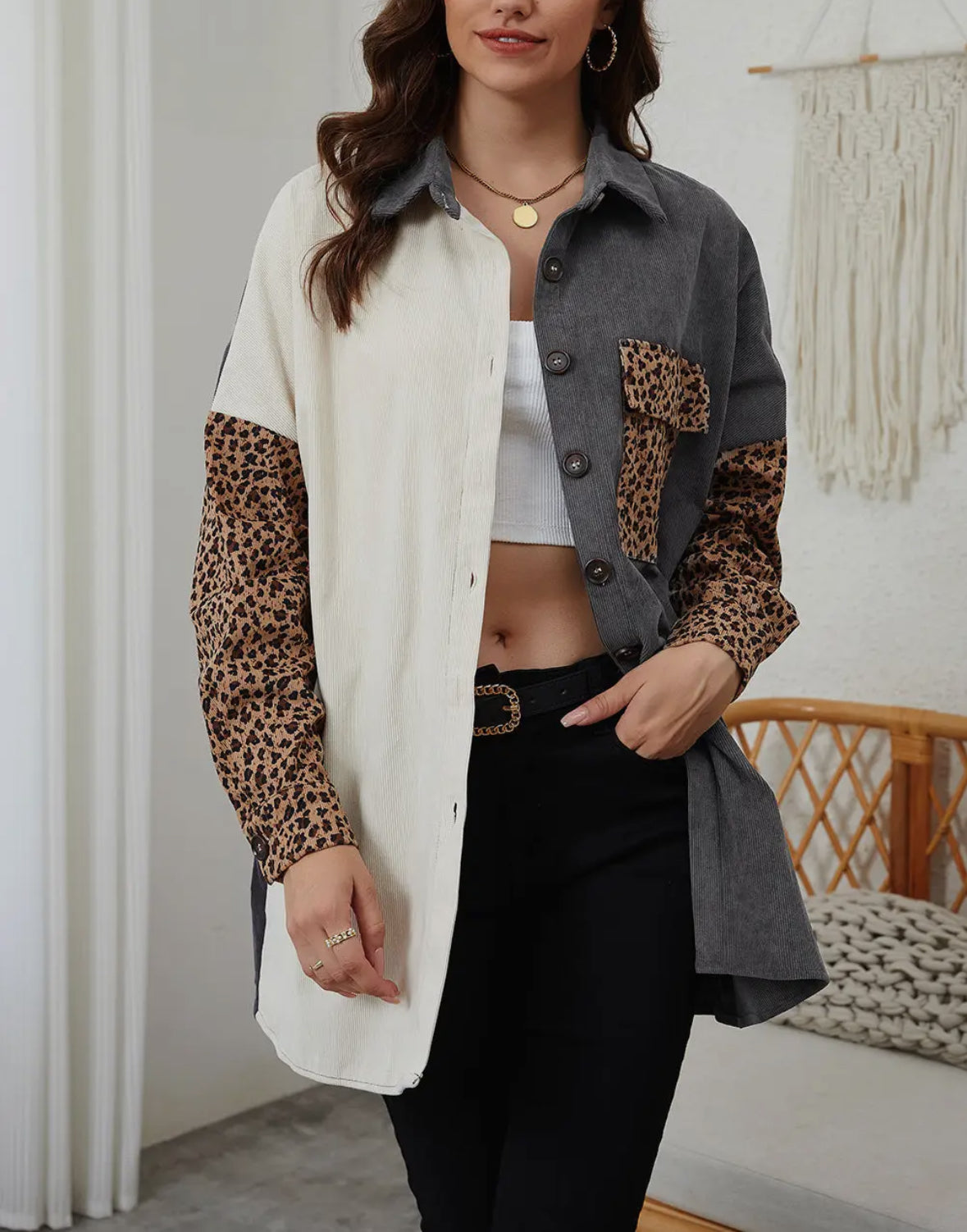 Cool It Corduroy Colorblock Leopard Shacket