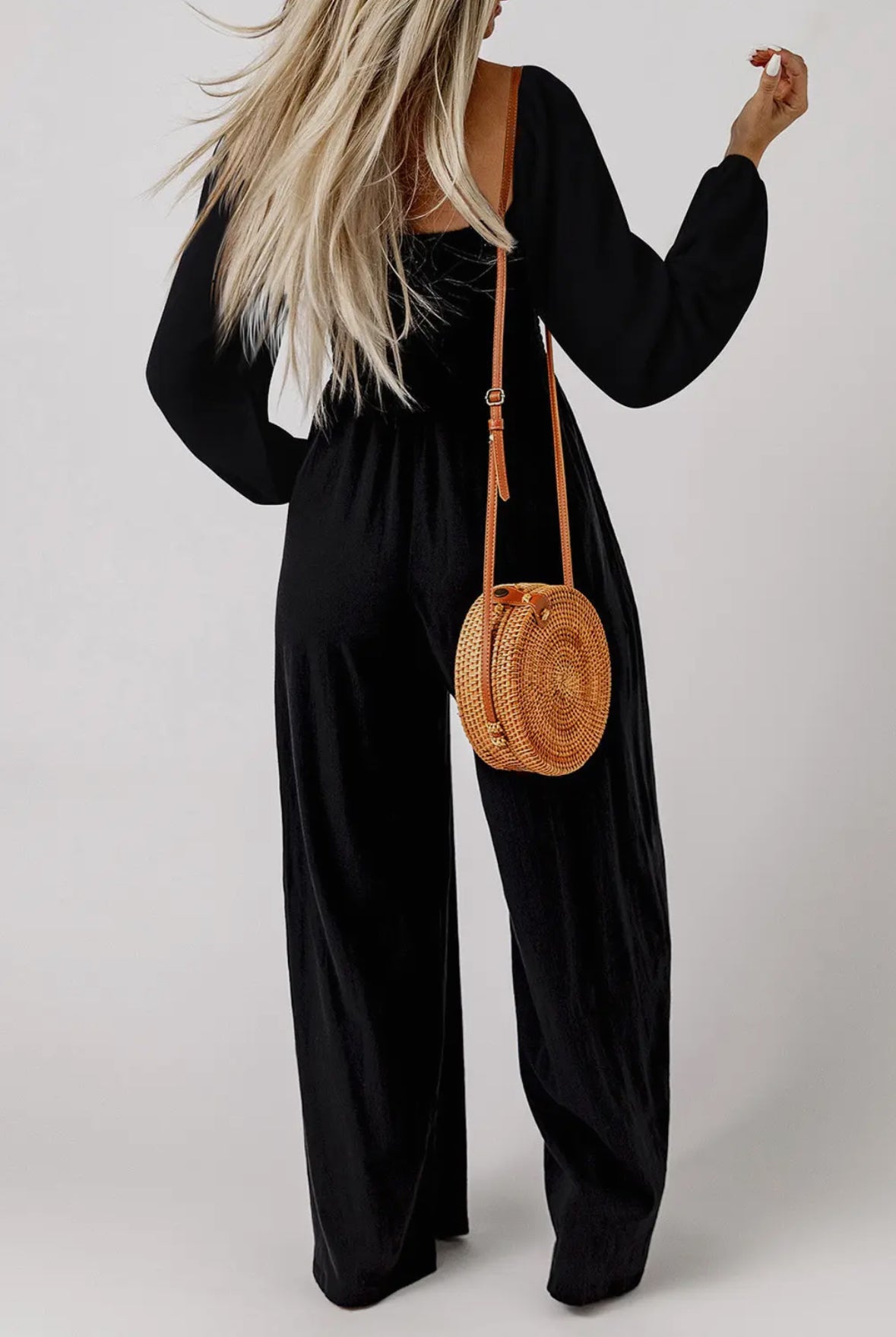 Check Your Facts Square Neck Smocked Long Sleeve Jumpsuit