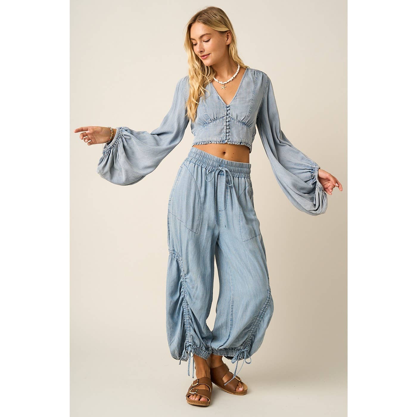Ava Washed Chambray Vintage Button Balloon Sleeve Crop