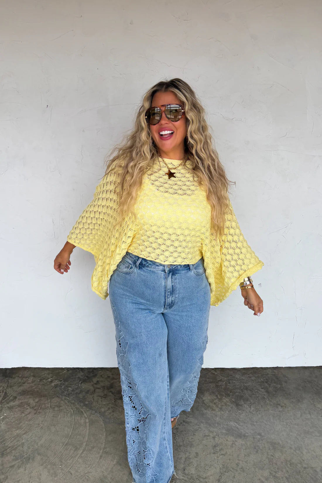 Lemon Boho Bell-Sleeve Knitted Top