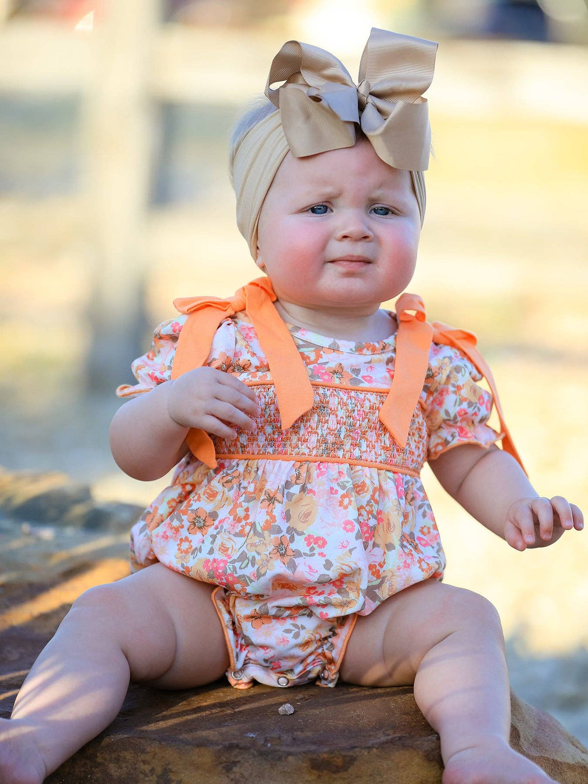 Peachy Bow Smocked Floral Bubble