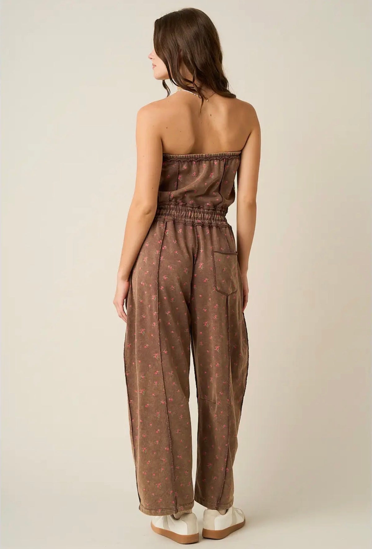 Mocha Floral Mineral Wash Contrast Stitch Barrel Leg Jumpsuit