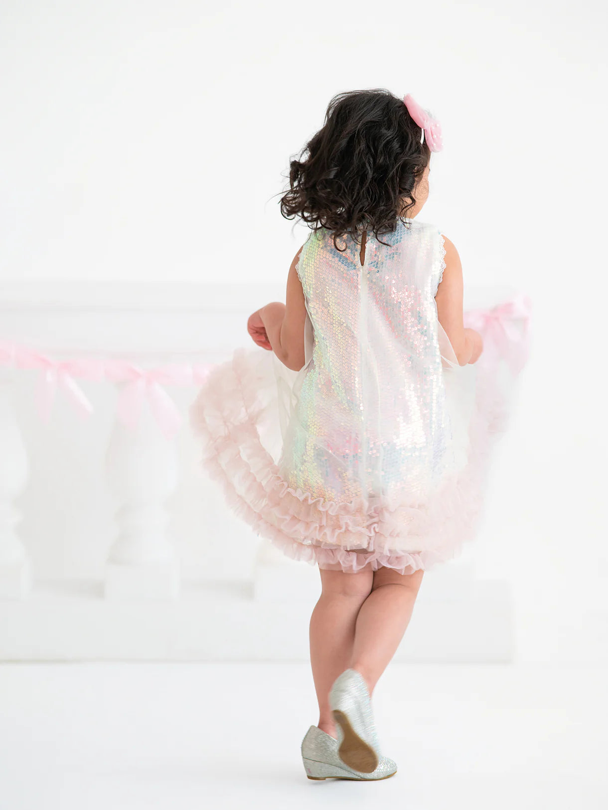Iridescent Sequin Bow Ruffle Tulle Dress