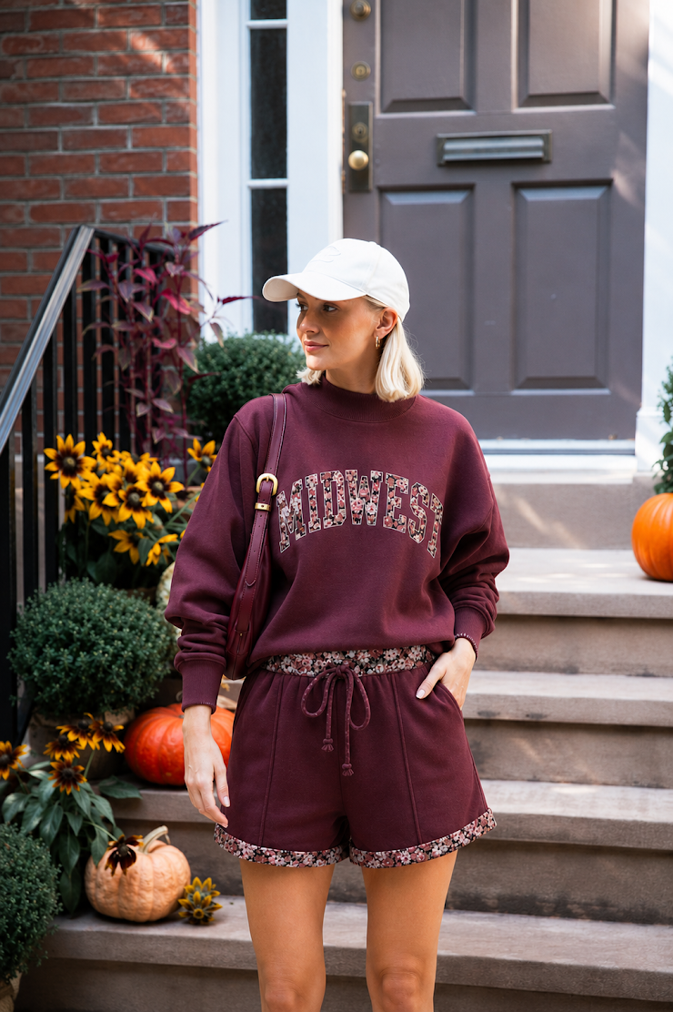 Maroon Floral Embroidered Midwest Mockneck