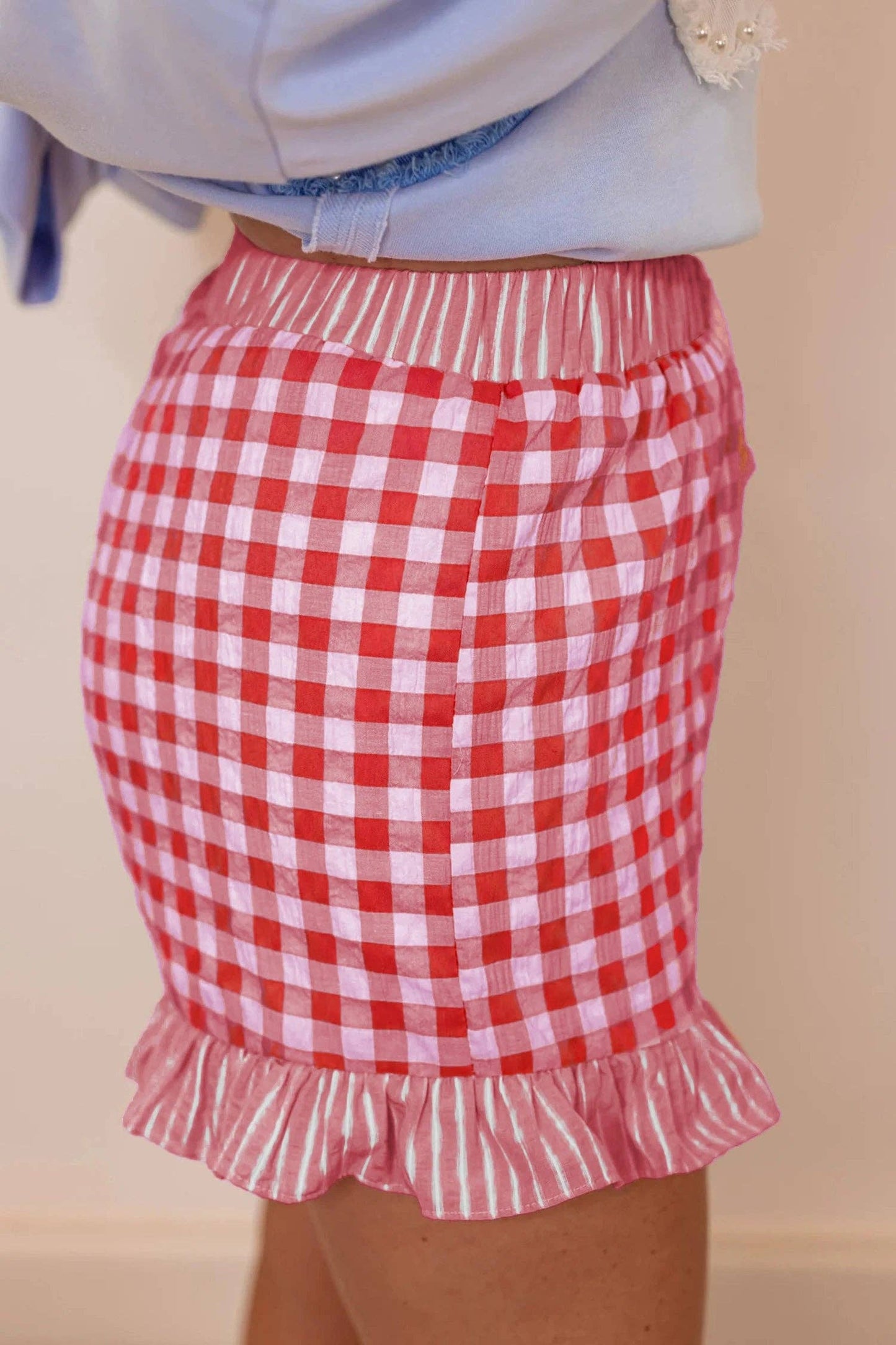 Gingham Ruffle Hem High Waist Summer Shorts