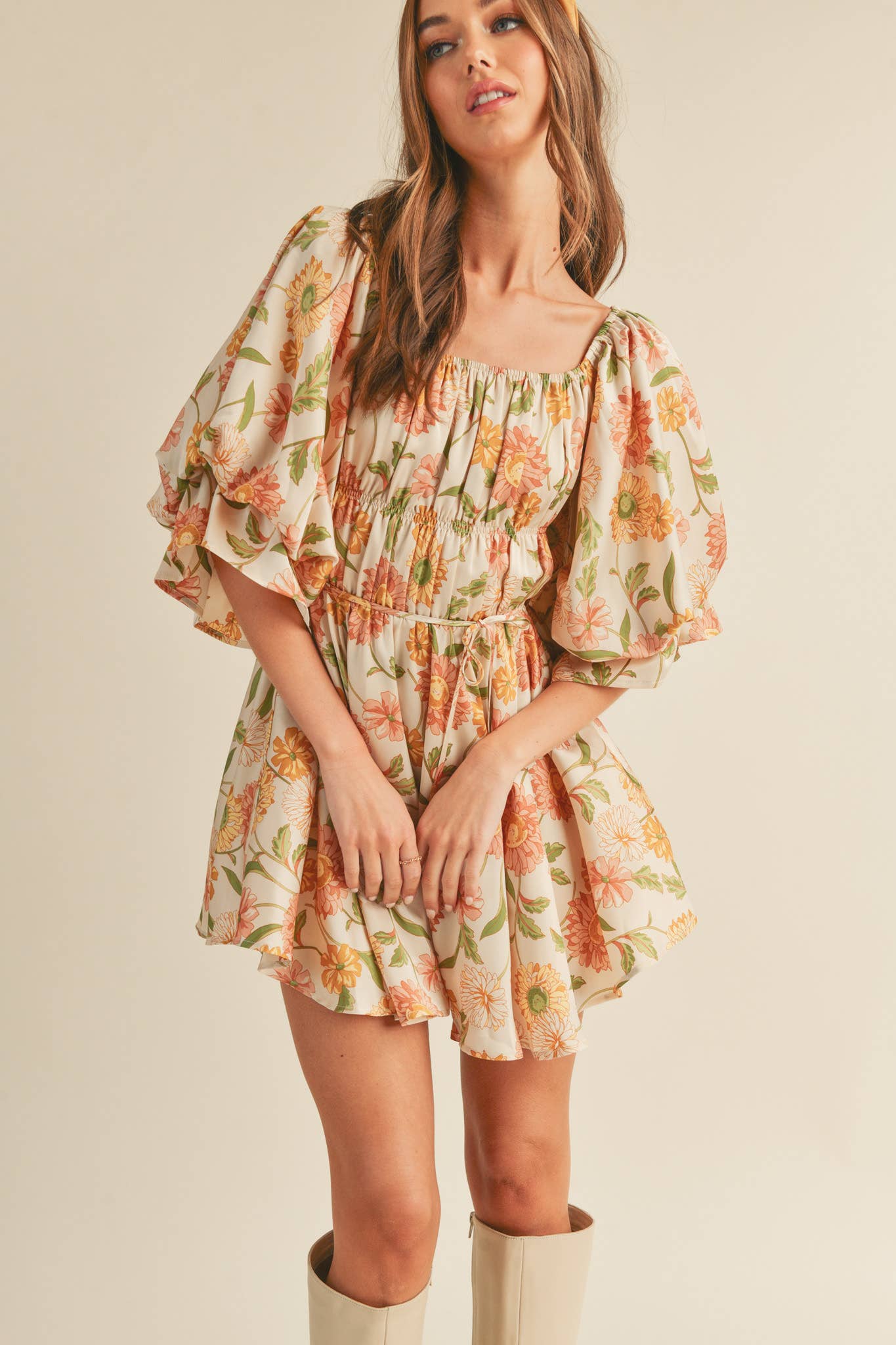 Eleighny Exclusive Satin Vintage Floral Bubble Sleeve Mini Dress