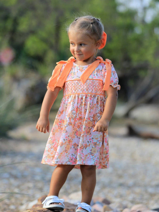 Peachy Bow Smocked Floral Dress