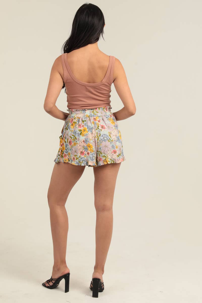Flower Garden Print Ruffle Hem Shorts