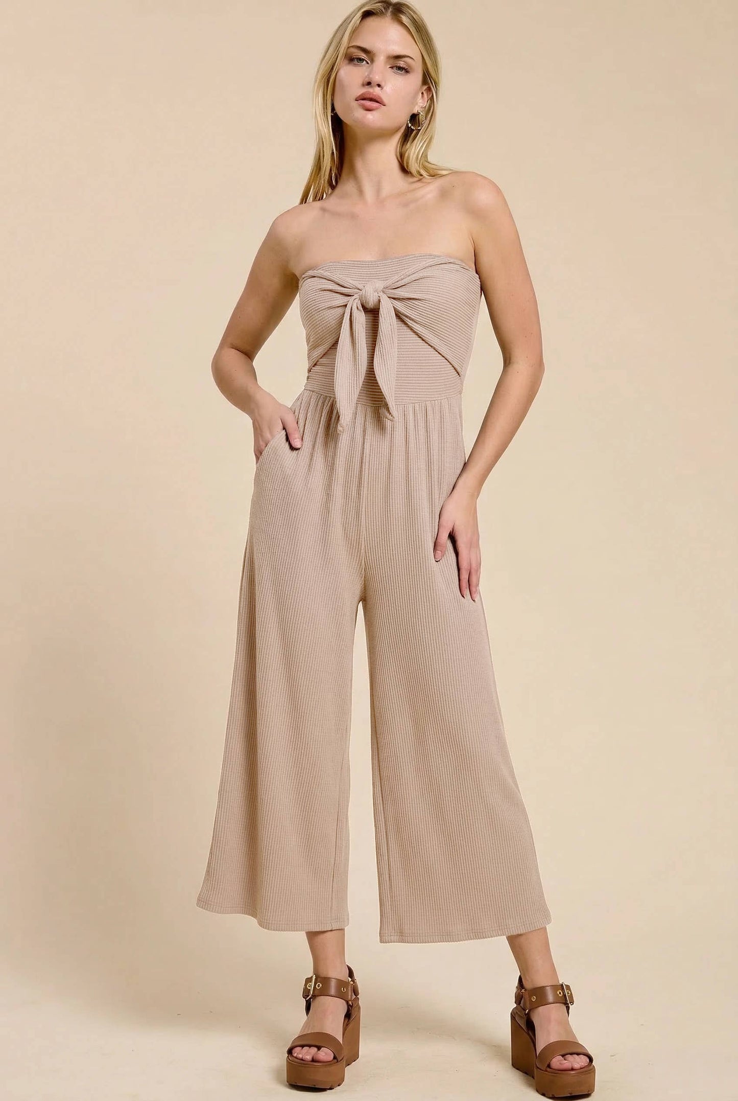 Solid Color Strapless Knotted Beachfront Jumper w/ Pockets