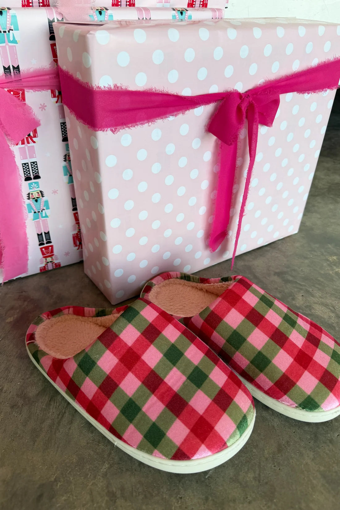 Pink Christmas Plaid Slippers PREO