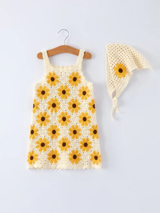 Girls Sunflower Crochet Dress + Headscarf RTS