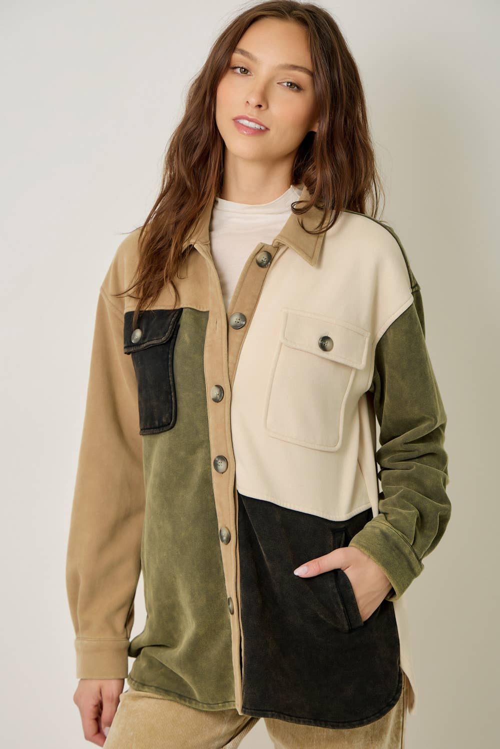 Olive Color Block Washed Shacket
