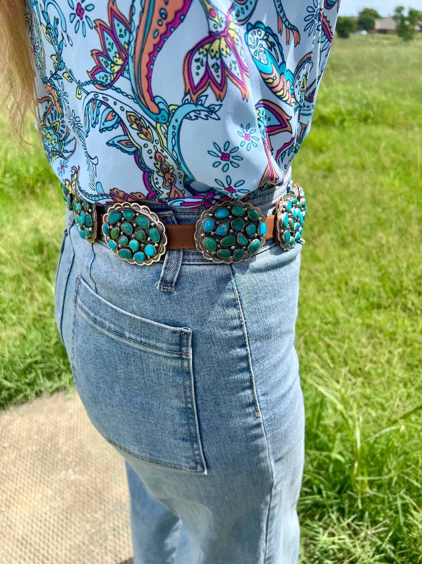 Turquoise Concho Belt – Sterling Silver – Native Made DM – One of a Kind