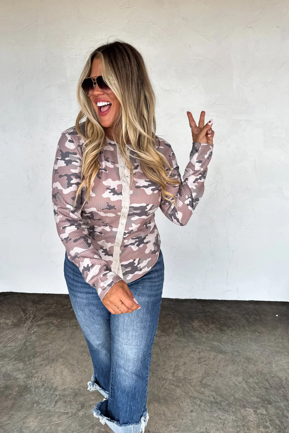 Kori Camo Snap Button Waffle Top
