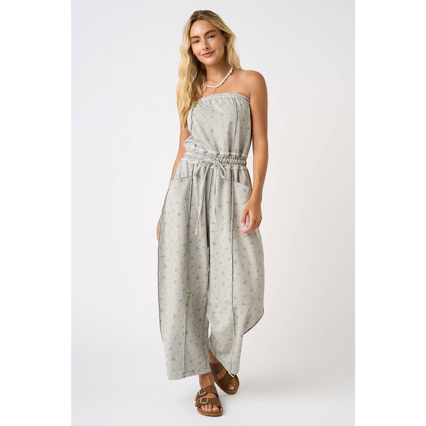Floral Mineral Wash Contrast Stitch Barrel Leg Jumpsuit