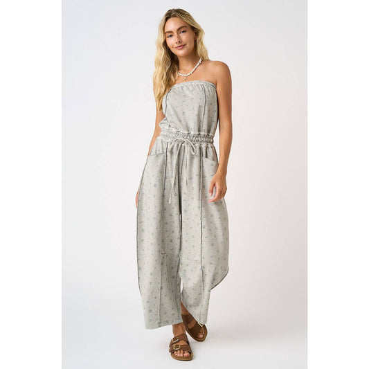 Floral Mineral Wash Contrast Stitch Barrel Leg Jumpsuit