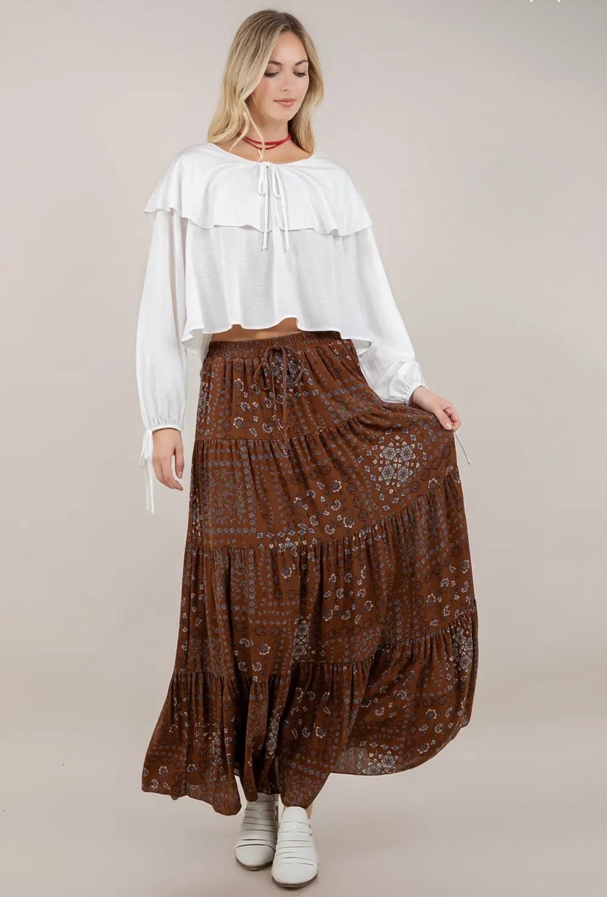 Coffee Tiered Maxi Skirt With Pockets