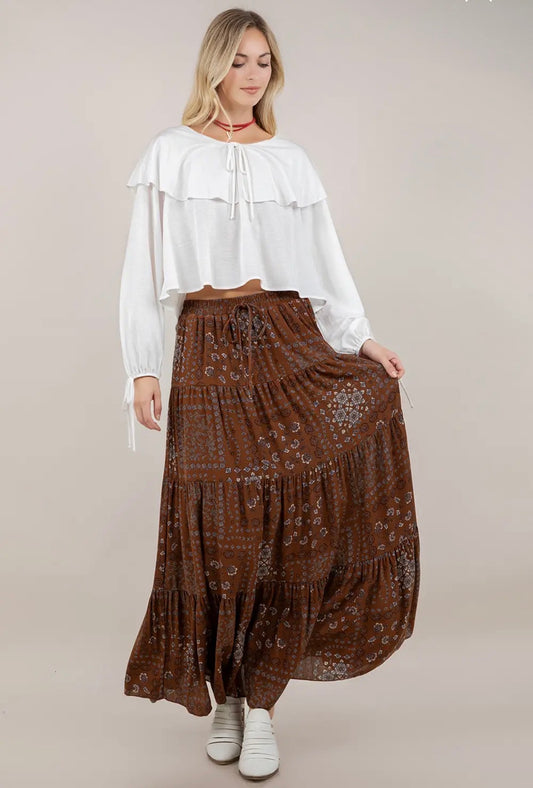 Coffee Tiered Maxi Skirt With Pockets