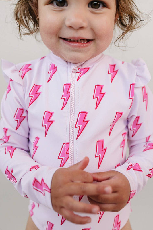 Pink Bolts Long Sleeve Rash Guard Swimmie